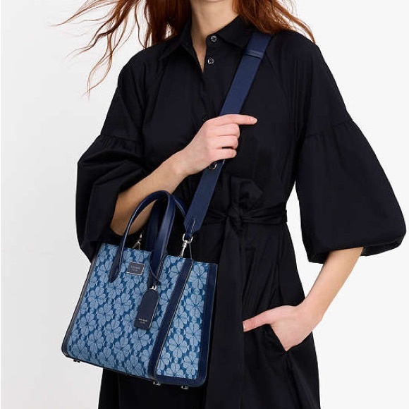 ♠️kate spade Manhattan Spade Flower Jacquard Denim Small Tote, Blue NWT - Picture 4 of 11